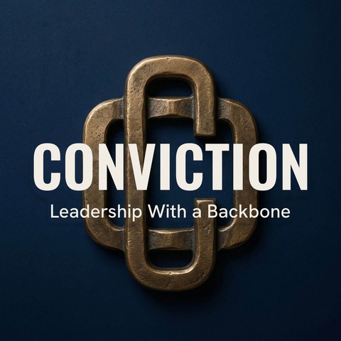 Conviction cover art: a heavy brass chain link, lit from one side, on deep navy.